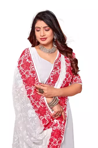 White red heavy resham embroidery work georgette saree