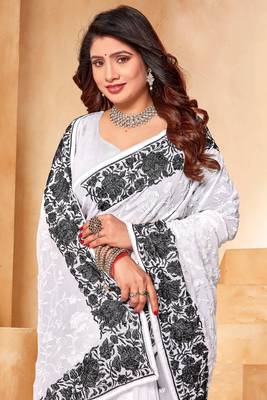 White black heavy resham embroidery work georgette saree 3