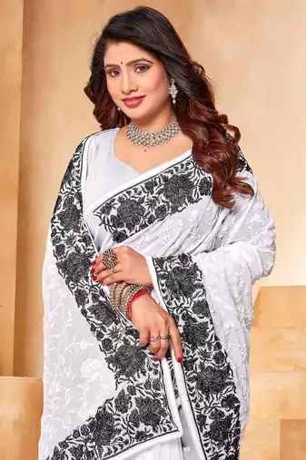 White black heavy resham embroidery work georgette saree