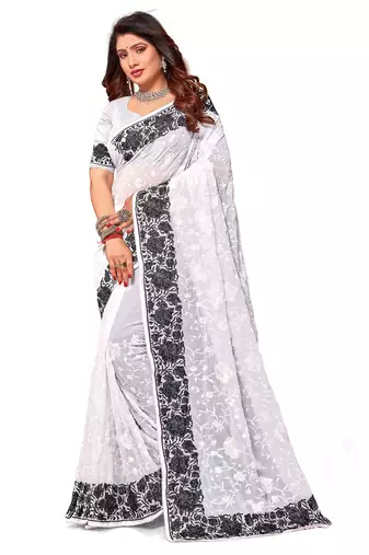 White black heavy resham embroidery work georgette saree