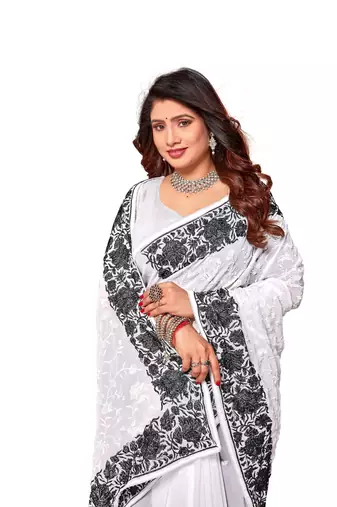 White black heavy resham embroidery work georgette saree