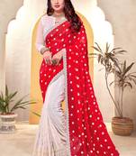Red white heavy resham embroidery work georgette saree