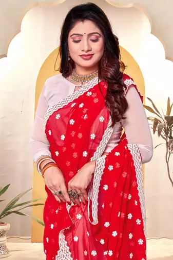 Red white heavy resham embroidery work georgette saree