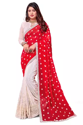 Red white heavy resham embroidery work georgette saree