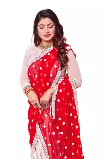 Red white heavy resham embroidery work georgette saree