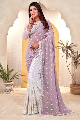 Lavender white heavy resham embroidery work georgette saree