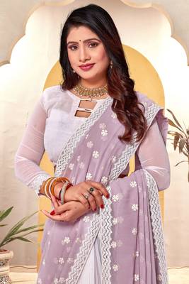 Lavender white heavy resham embroidery work georgette saree 2