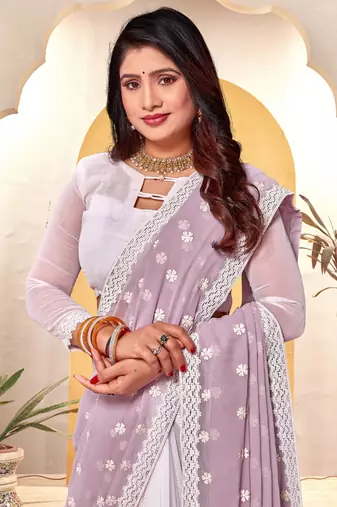 Lavender white heavy resham embroidery work georgette saree