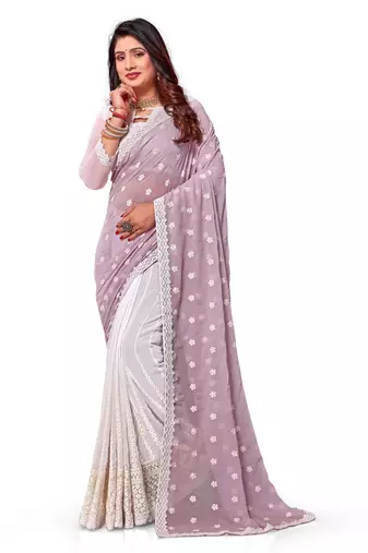 Lavender white heavy resham embroidery work georgette saree