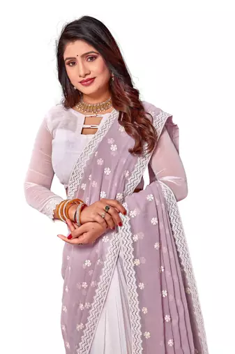 Lavender white heavy resham embroidery work georgette saree