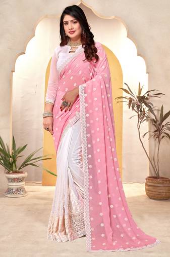 Pink white heavy resham embroidery work georgette saree