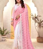 Pink white heavy resham embroidery work georgette saree