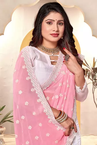 Pink white heavy resham embroidery work georgette saree