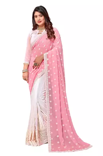 Pink white heavy resham embroidery work georgette saree