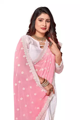 Pink white heavy resham embroidery work georgette saree