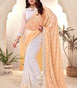 Yellow white heavy resham embroidery work georgette saree