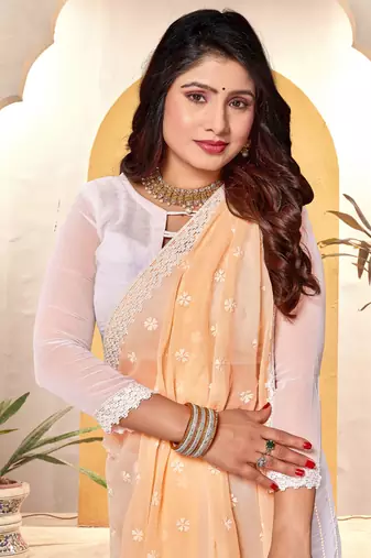Yellow white heavy resham embroidery work georgette saree