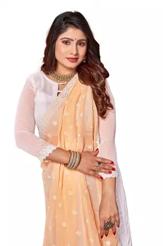 Yellow white heavy resham embroidery work georgette saree