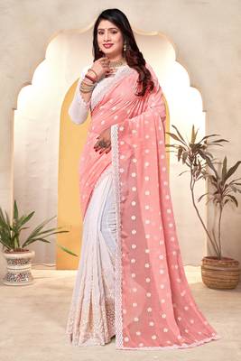 Peach white heavy resham embroidery work georgette saree 1