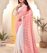 Peach white heavy resham embroidery work georgette saree