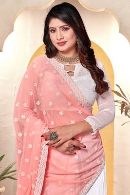 Peach white heavy resham embroidery work georgette saree 2