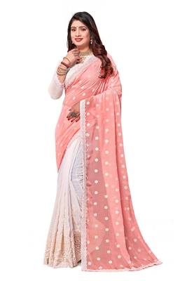 Peach white heavy resham embroidery work georgette saree 3