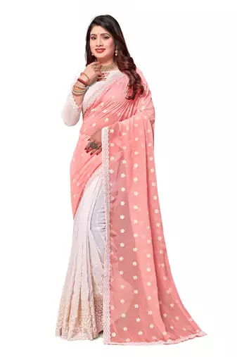 Peach white heavy resham embroidery work georgette saree