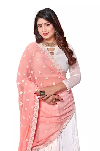 Peach white heavy resham embroidery work georgette saree