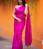 Rani Pink Glazy Organza Sarees With Hand Embroidery Scallop Edge Design Without Blouse