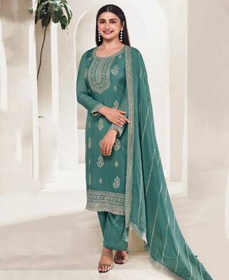 Sky Blue Organza Silk Straight Suit For Women 1