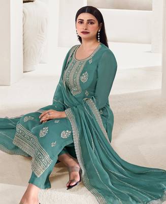 Sky Blue Organza Silk Straight Suit For Women 2