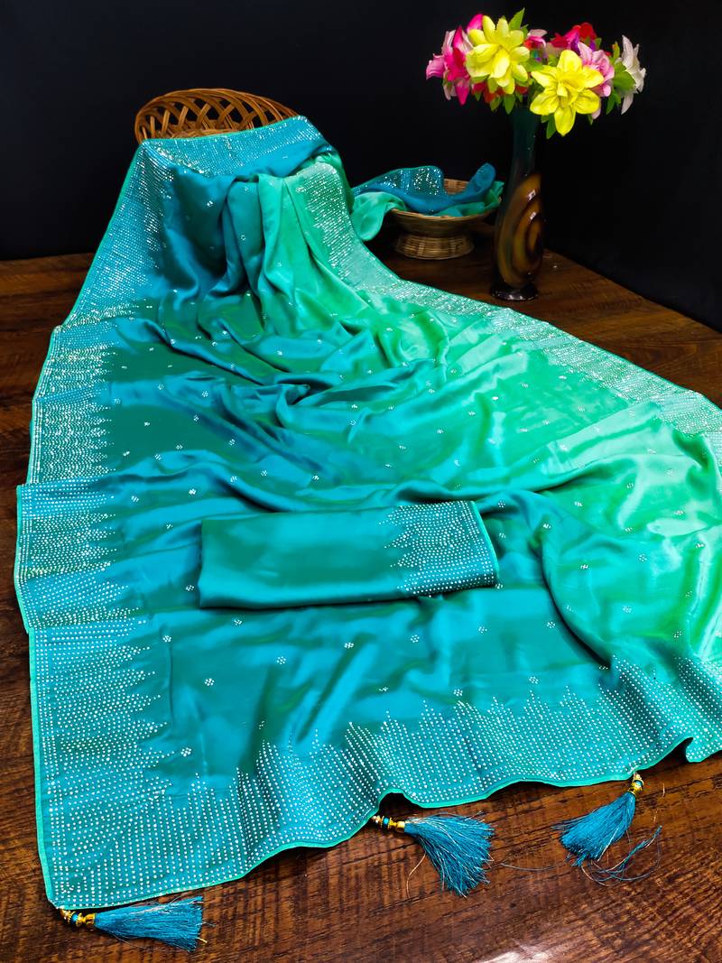 Women's Sky Blue Silk Saree Heavy Embroidered Work Saree