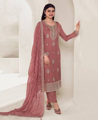 Peach Organza Silk Straight Suit For Women 1