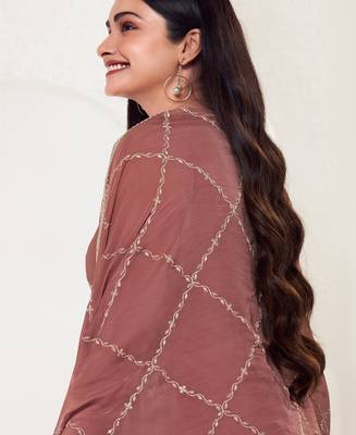 Peach Organza Silk Straight Suit For Women 2