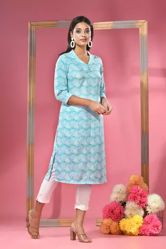 Sea green printed crepe kurta