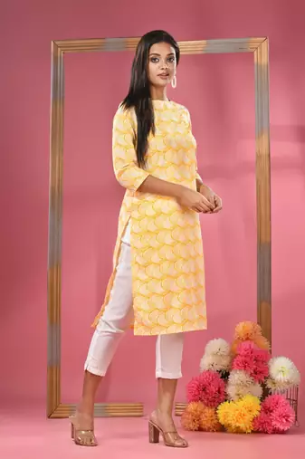 Yellow printed crepe kurta