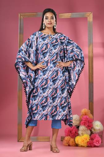 Multicolour printed dola silk kaftan kurta