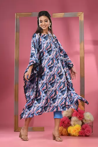 Multicolour printed dola silk kaftan kurta
