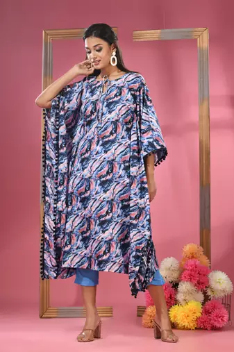 Multicolour printed dola silk kaftan kurta