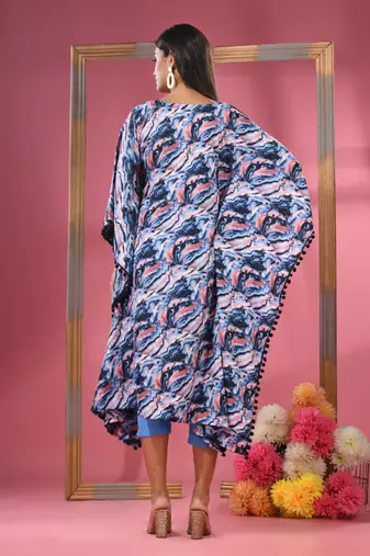 Multicolour printed dola silk kaftan kurta