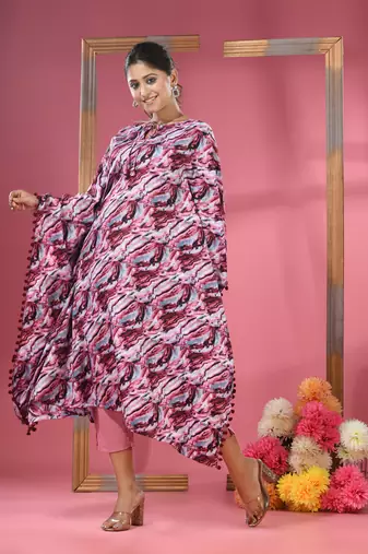 Multicolour printed dola silk kaftan kurta