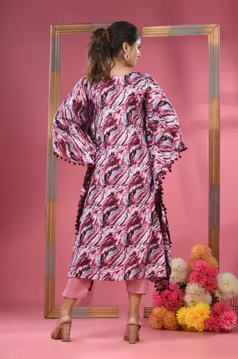 Multicolour printed dola silk kaftan kurta