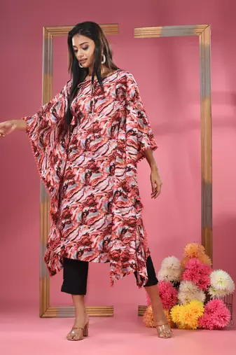 Multicolour printed dola silk kaftan kurta