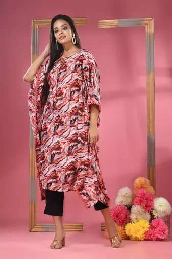 Multicolour printed dola silk kaftan kurta