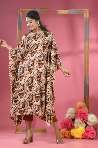 Multicolour printed dola silk kaftan kurta