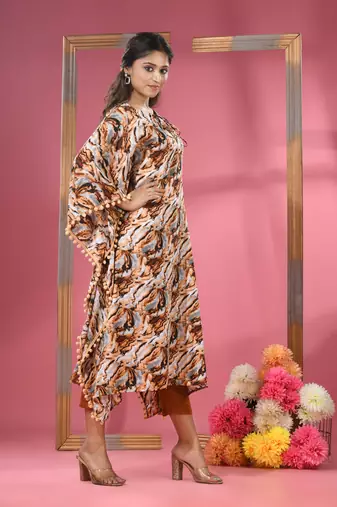 Multicolour printed dola silk kaftan kurta