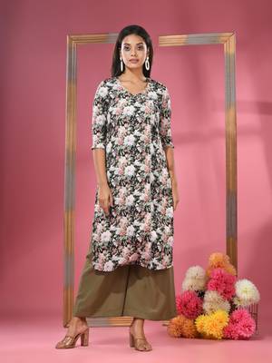 Black crepe floral printed angrakha kurta 1