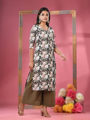 Black crepe floral printed angrakha kurta 3