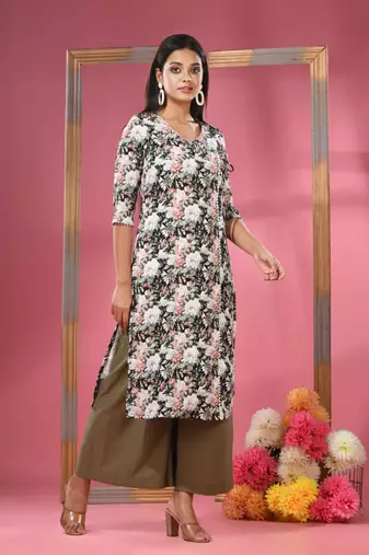 Black crepe floral printed angrakha kurta