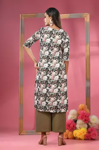 Black crepe floral printed angrakha kurta